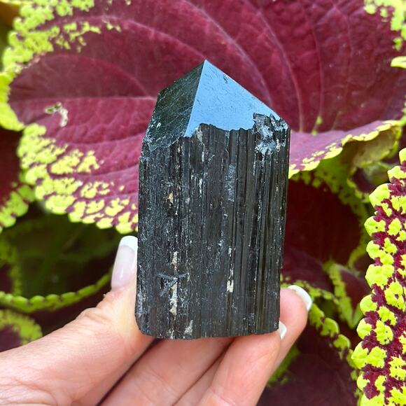 Black Tourmaline Polished Point w Rough Flat Base: 156g - Selection: E - Picture 3 of 8